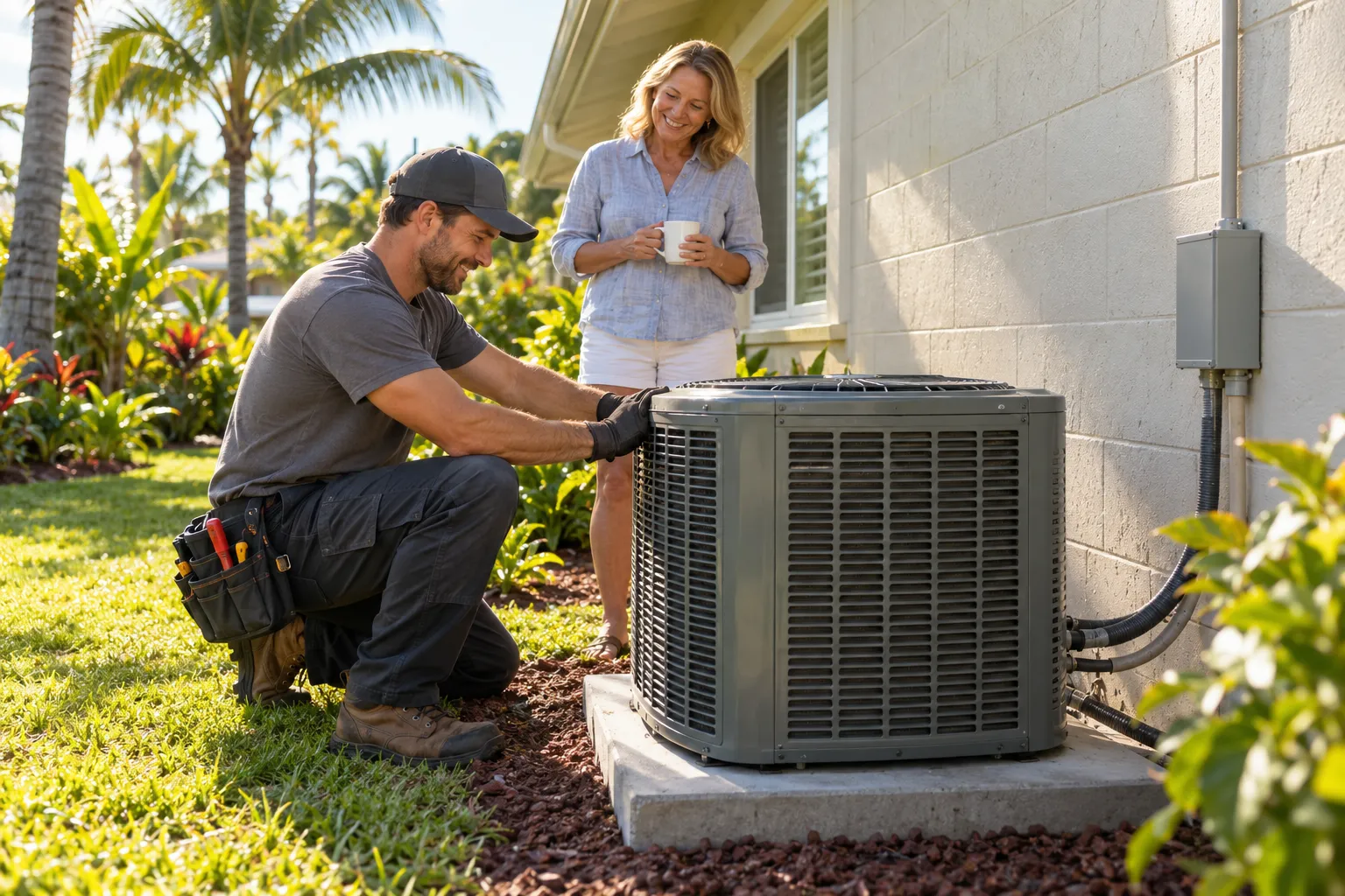 Provider installing a new outdoor AC condenser beside a home in the Tarpon Springs area