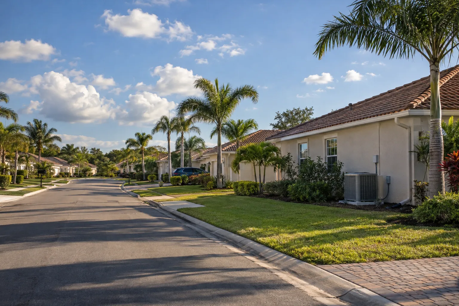 Suburban homes in the Tarpon Springs area with tile roofs and outdoor AC units
